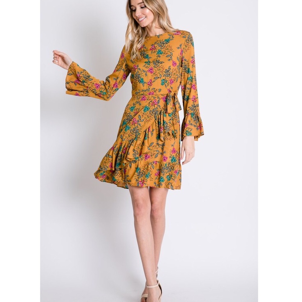 🌷Floral Long Sleeve Faux Wrap Dress - Picture 2 of 8